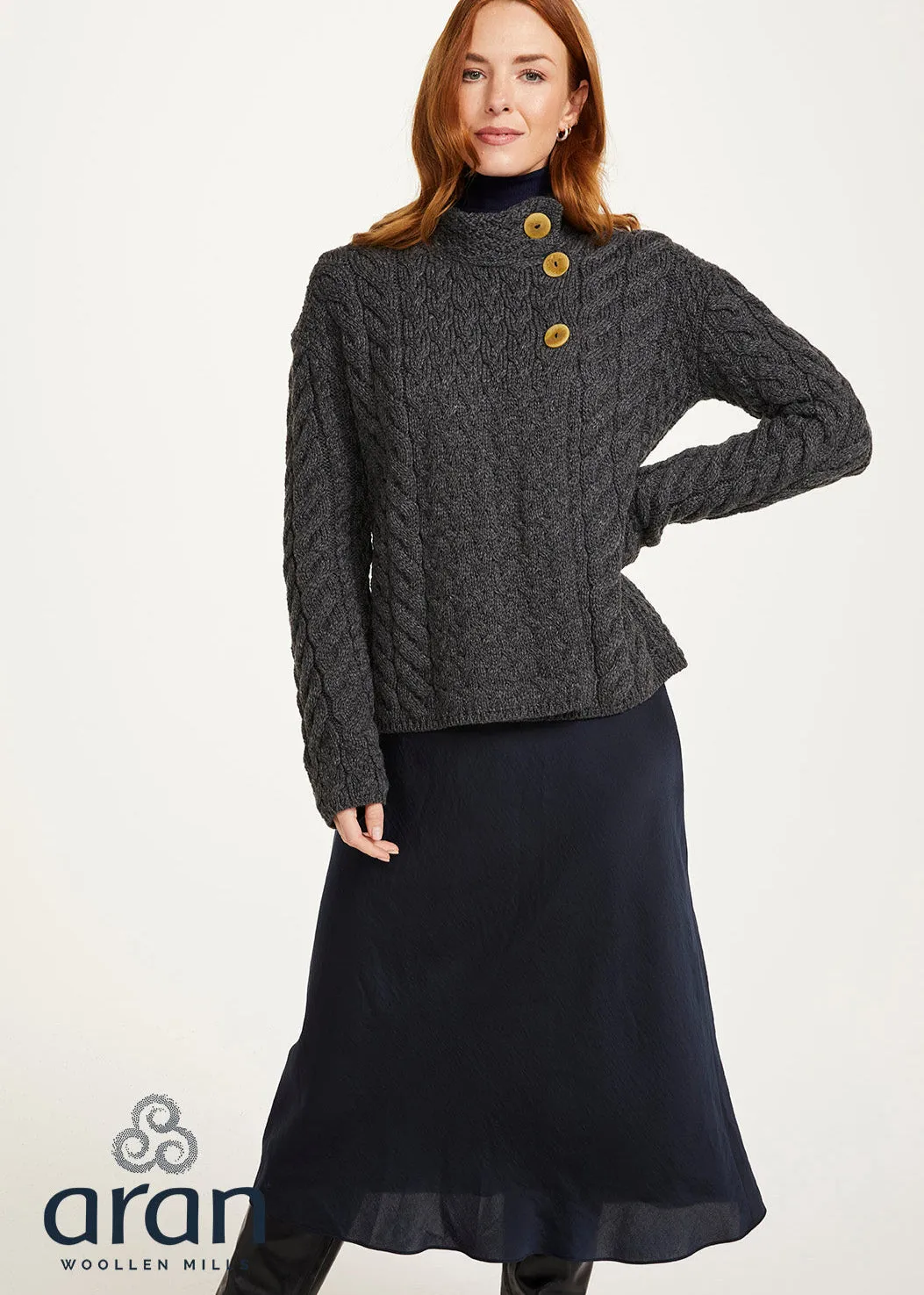 Aran 3 Buttons Trellis Cardigan | Charcoal