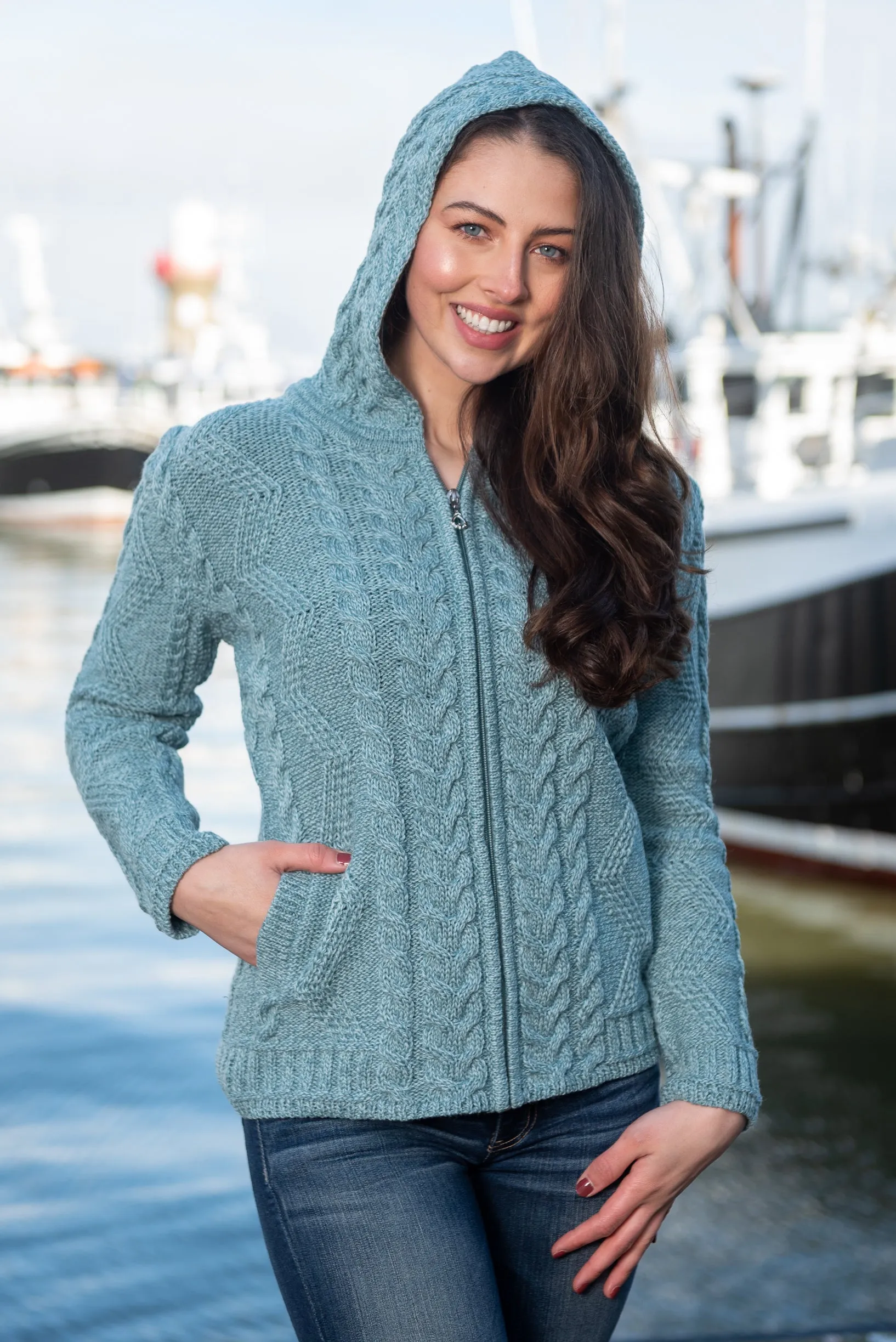 Aran Hooded Cardigan | Aqua