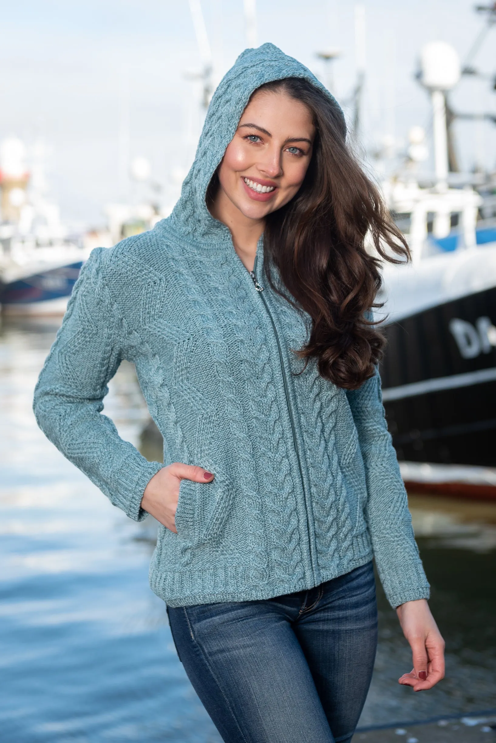 Aran Hooded Cardigan | Aqua