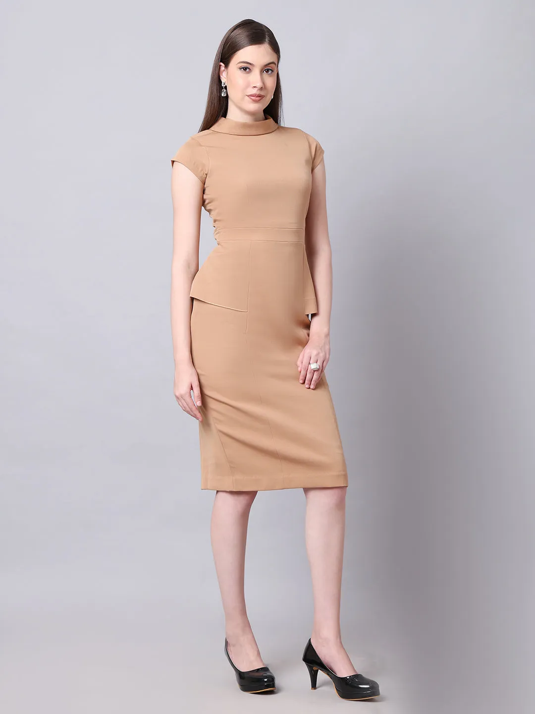 Beige Spandex Bold & Beautiful High Neck Cap Sleeves Dress