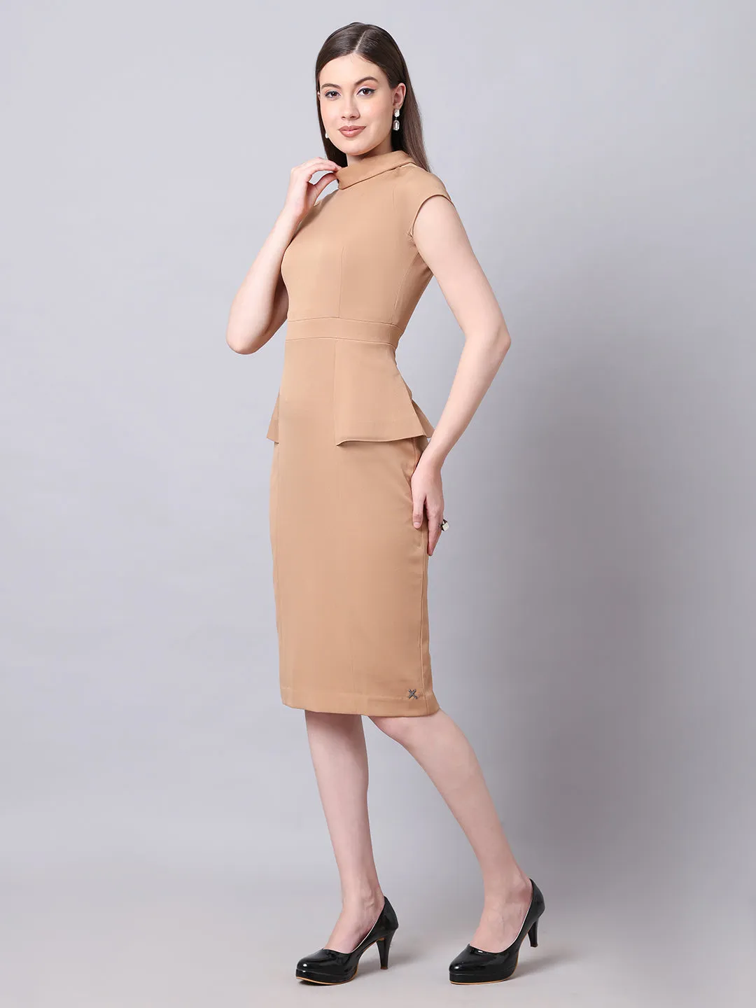 Beige Spandex Bold & Beautiful High Neck Cap Sleeves Dress