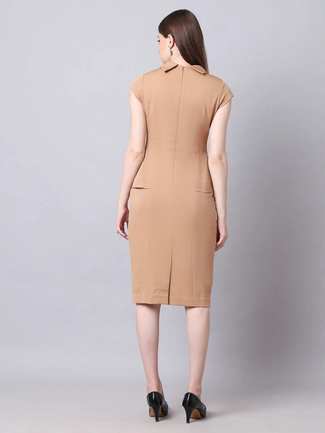 Beige Spandex Bold & Beautiful High Neck Cap Sleeves Dress