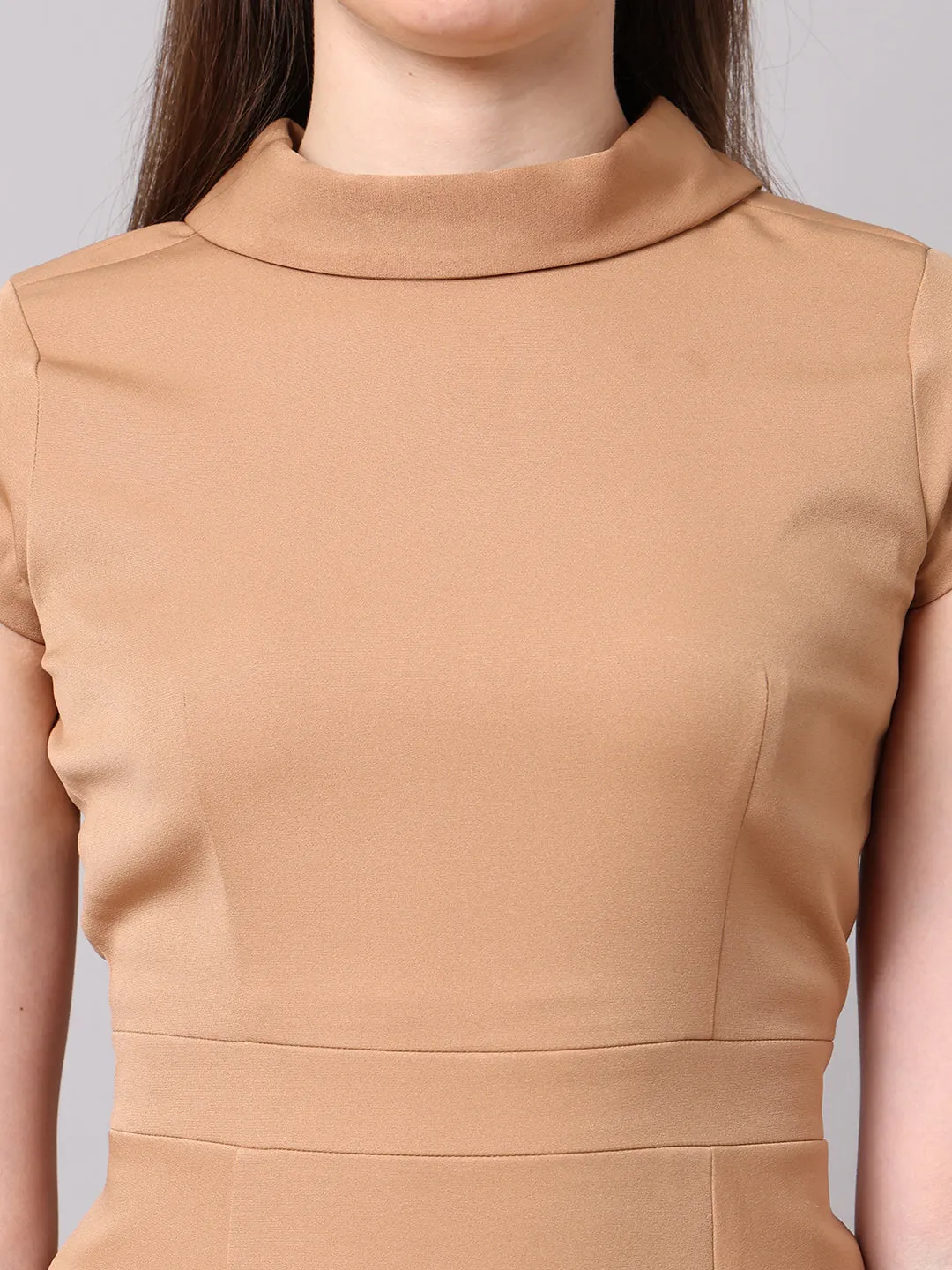 Beige Spandex Bold & Beautiful High Neck Cap Sleeves Dress