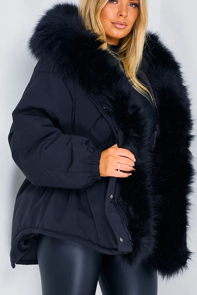 Black Luxury Faux Fur Hood Coat