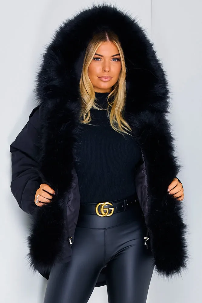 Black Luxury Faux Fur Hood Coat