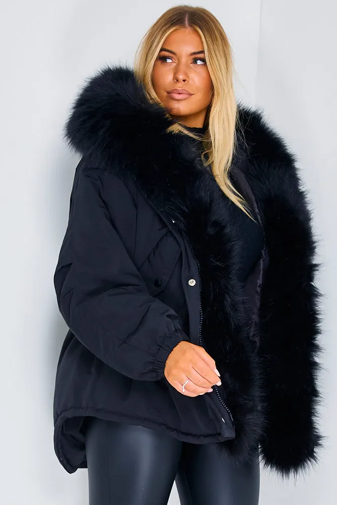 Black Luxury Faux Fur Hood Coat