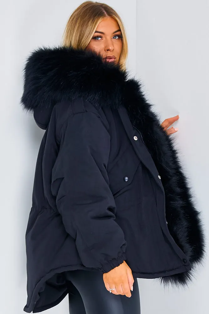 Black Luxury Faux Fur Hood Coat