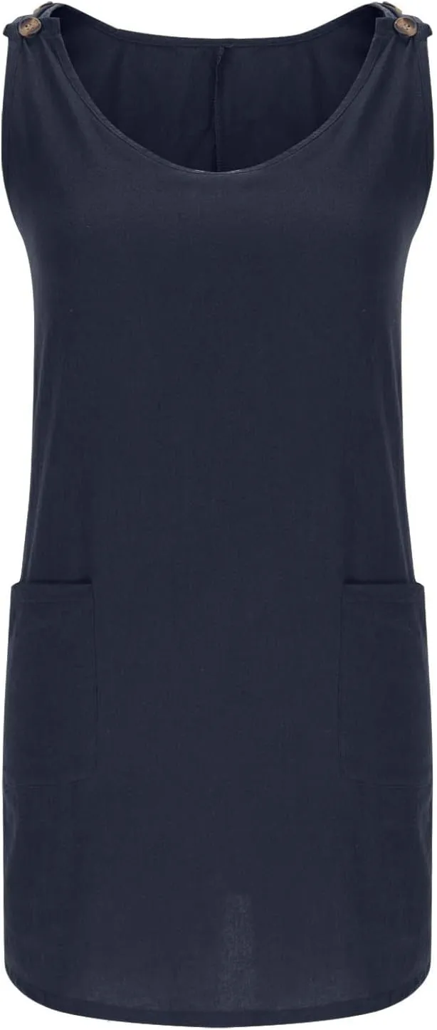 Boho Dress for Women Summer Solid Color Round Neck Sleeveless Mini Dress Casual Button Strap Sundresses with Pockets