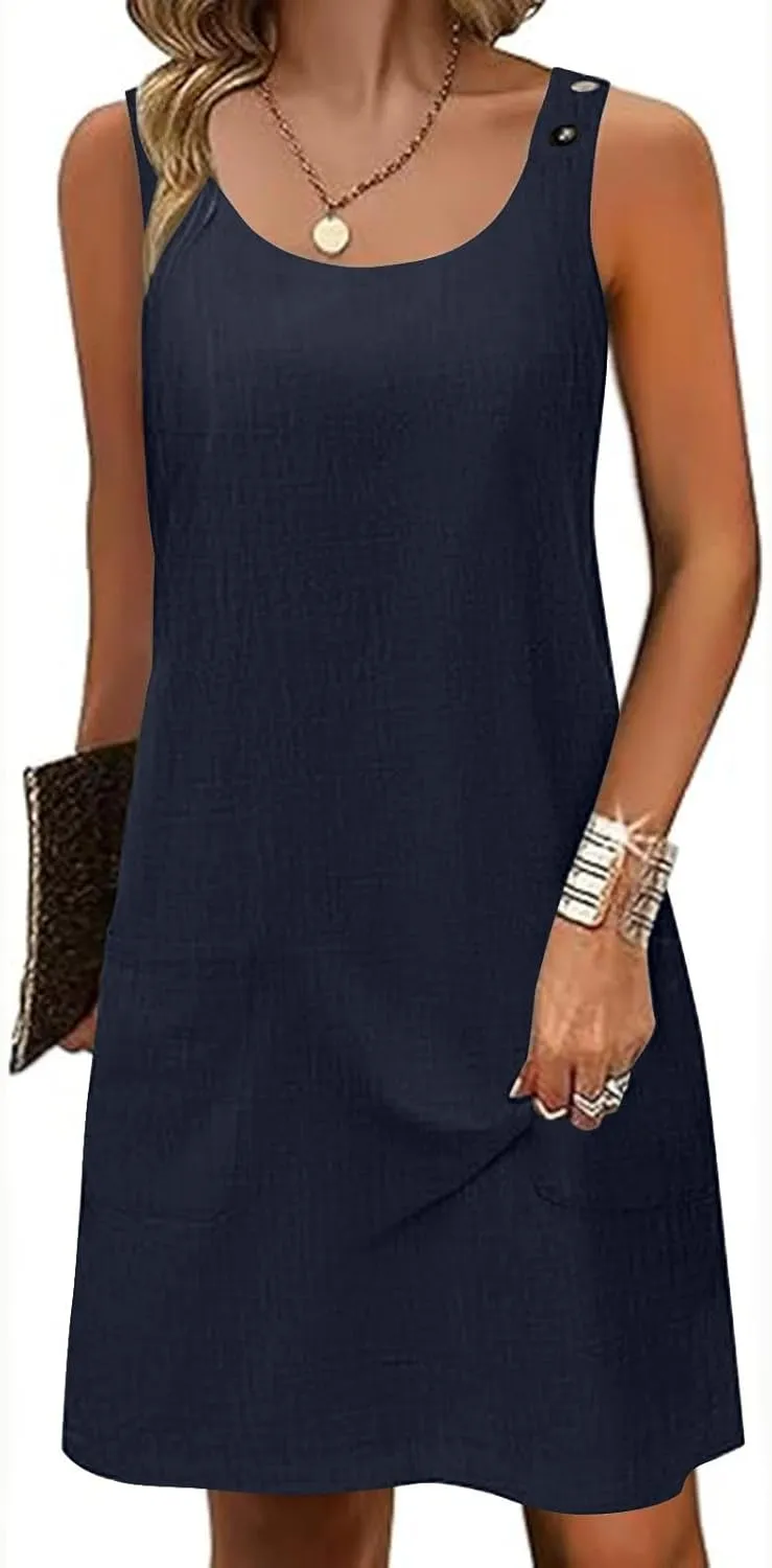 Boho Dress for Women Summer Solid Color Round Neck Sleeveless Mini Dress Casual Button Strap Sundresses with Pockets