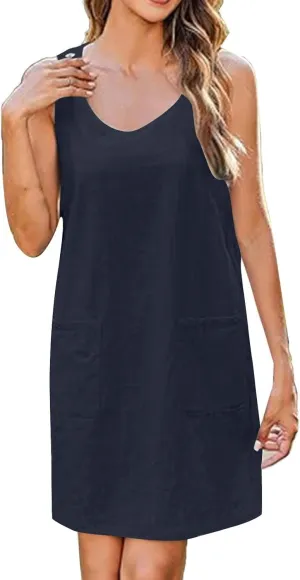 Boho Dress for Women Summer Solid Color Round Neck Sleeveless Mini Dress Casual Button Strap Sundresses with Pockets