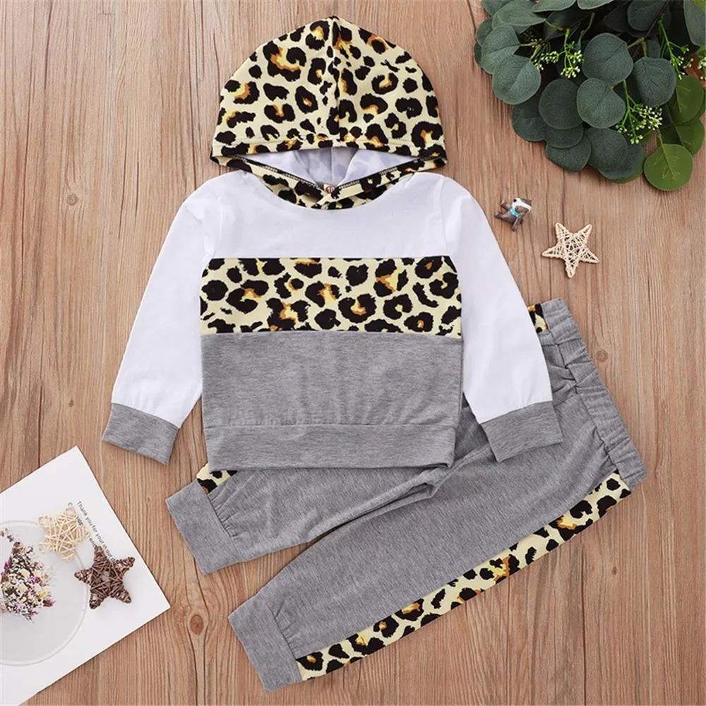 Boys Color Block Leopard Hooded Top & Pants Wholesale Boys Clothing