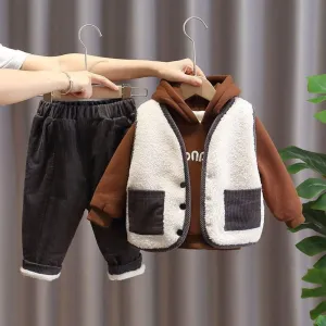 Boys Letter Pattern Hooded Top Vest & Pants Boys Casual Suits