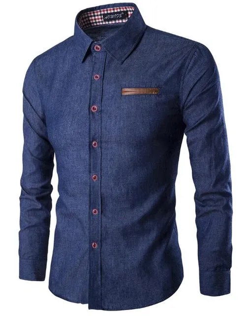 Brand Men Shirt Pocket Fight Leather Dress Shirt Long Sleeve Slim Fit