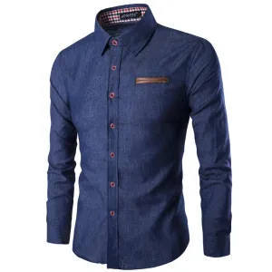 Brand Men Shirt Pocket Fight Leather Dress Shirt Long Sleeve Slim Fit