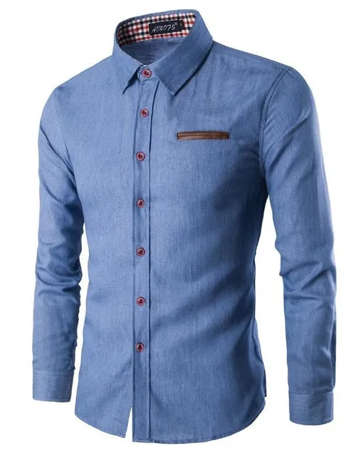 Brand Men Shirt Pocket Fight Leather Dress Shirt Long Sleeve Slim Fit