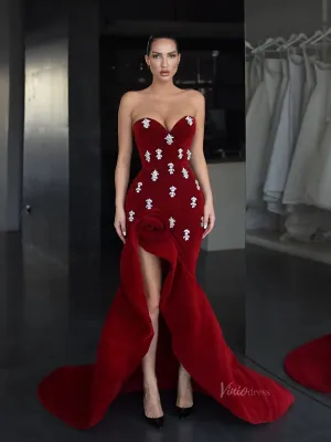 Burgundy Velvet Prom Dresses with Rhinestones, Rosette Slit & Sweetheart Neckline - FD5277