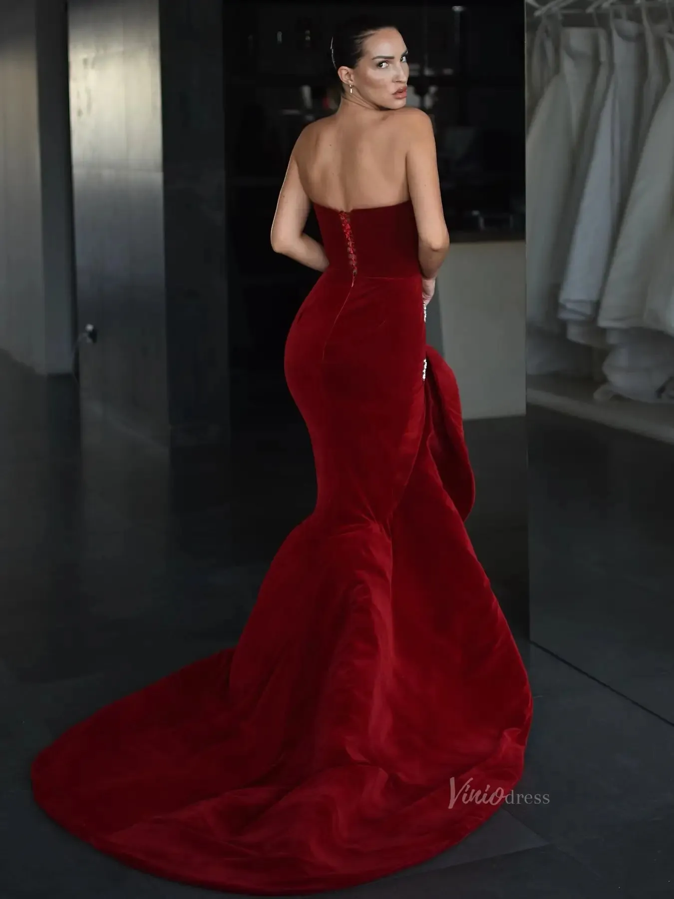 Burgundy Velvet Prom Dresses with Rhinestones, Rosette Slit & Sweetheart Neckline - FD5277