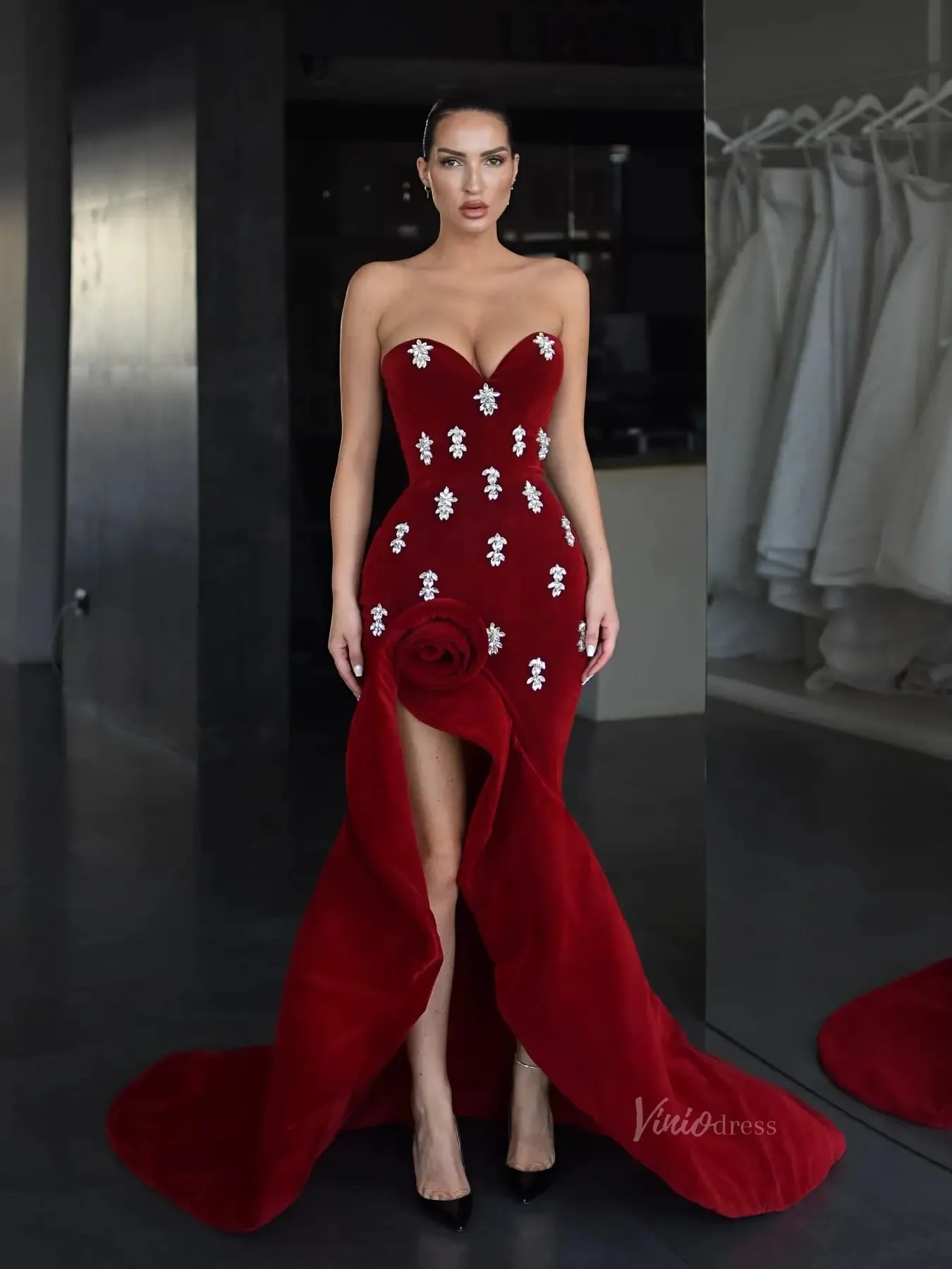 Burgundy Velvet Prom Dresses with Rhinestones, Rosette Slit & Sweetheart Neckline - FD5277