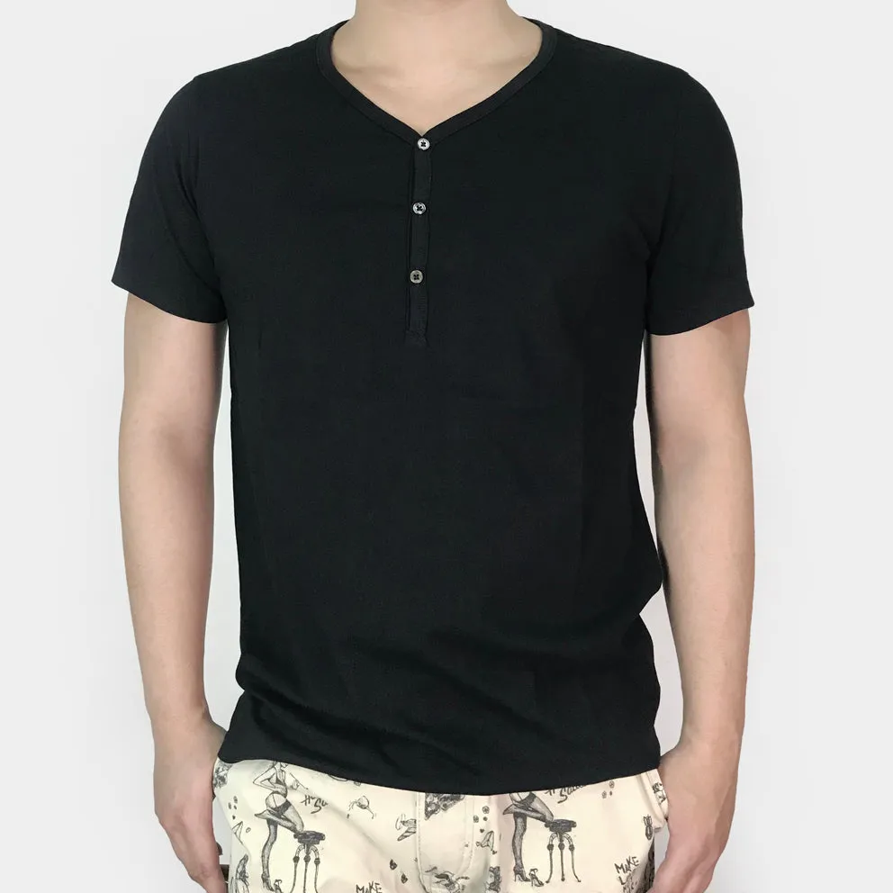 BZEN M.3210-KAITO REGULAR FIT SHORT SLEEVE 3 BUTTON JERSEY HENLEY-145GSM-E0 BLACK
