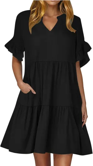 Cute Summer Dresses for Women Ruffle Short Sleeve Notch V Neck Casual Dress Swing A-Line Mini Dress with Pockets