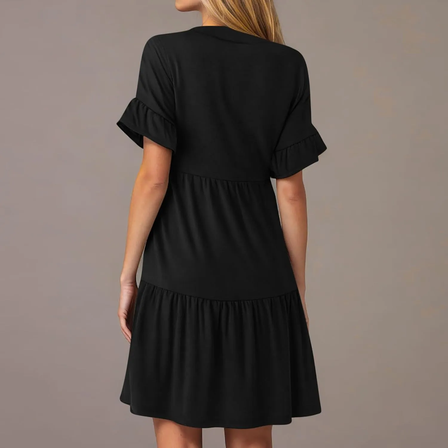 Cute Summer Dresses for Women Ruffle Short Sleeve Notch V Neck Casual Dress Swing A-Line Mini Dress with Pockets