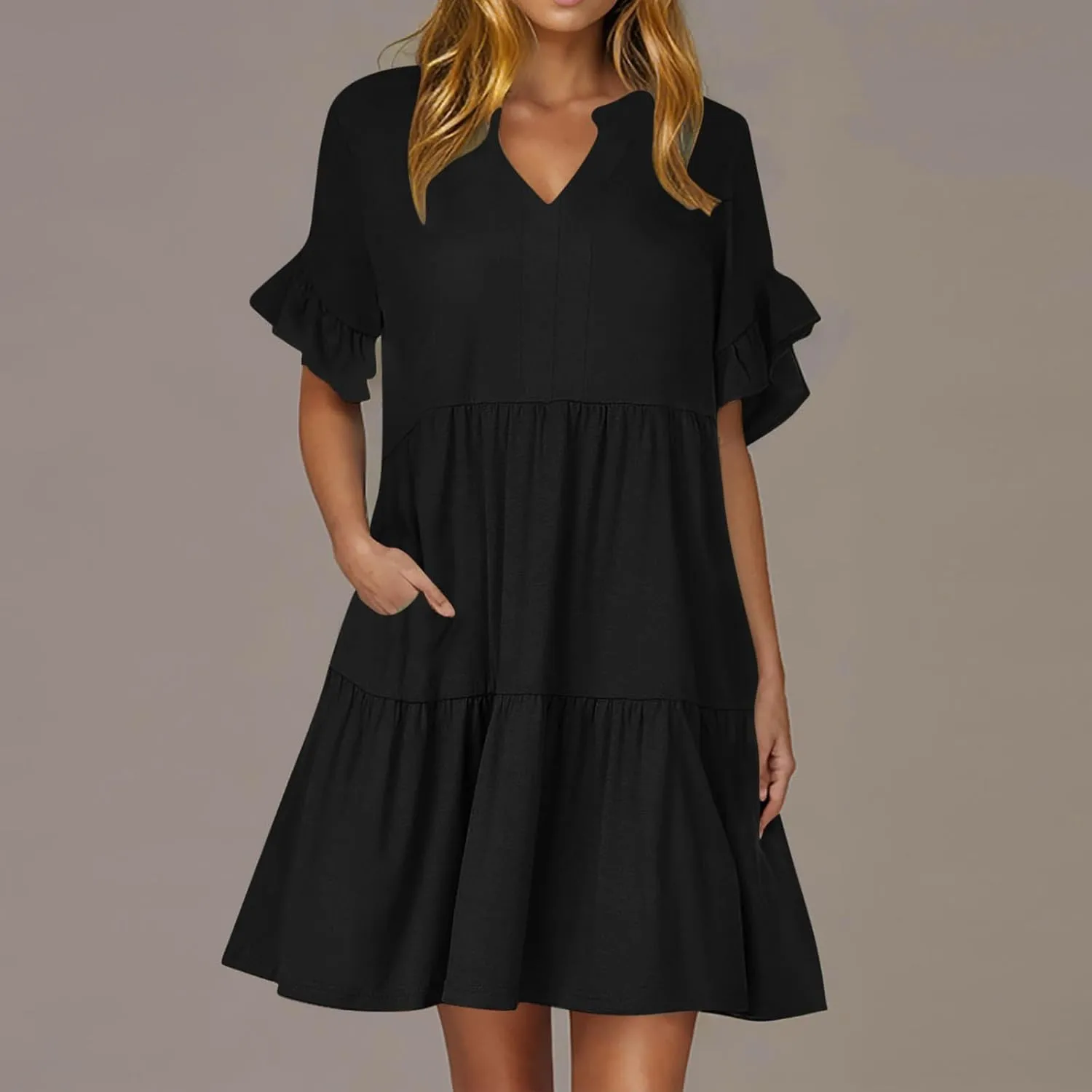 Cute Summer Dresses for Women Ruffle Short Sleeve Notch V Neck Casual Dress Swing A-Line Mini Dress with Pockets