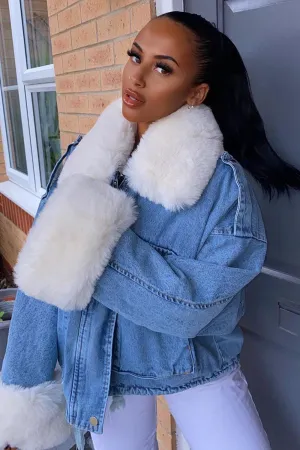Eloise Denim Super Soft White Faux Fur Jacket