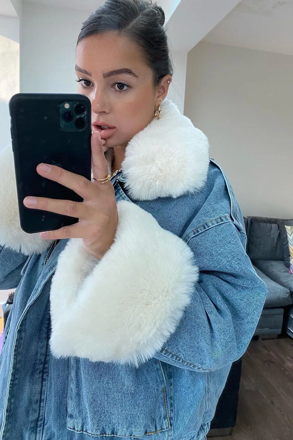 Eloise Denim Super Soft White Faux Fur Jacket