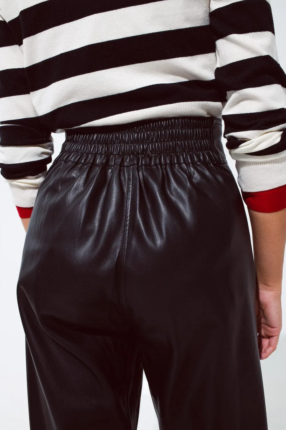 Faux Leather Pants With Pleats And Elastic Waist