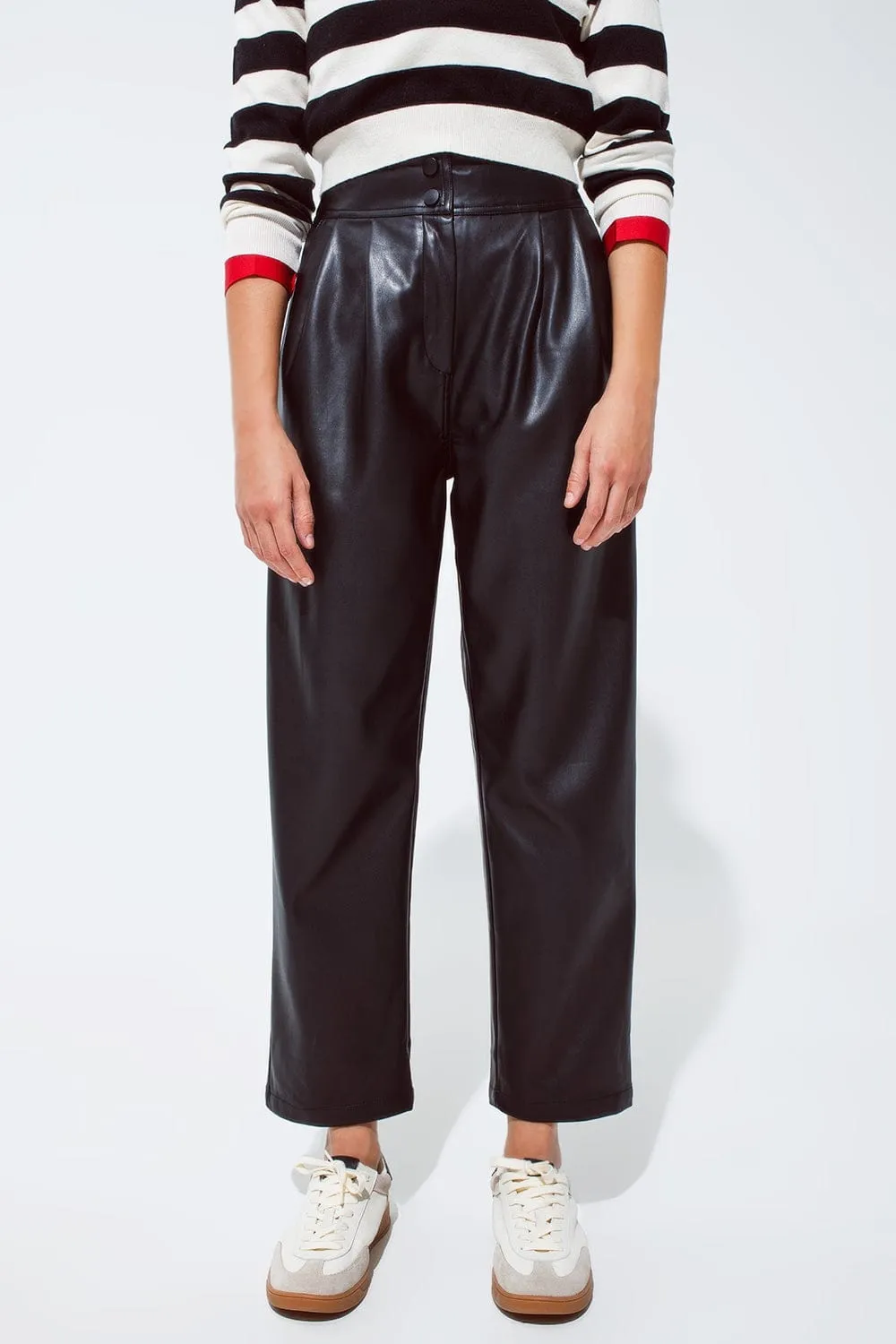 Faux Leather Pants With Pleats And Elastic Waist