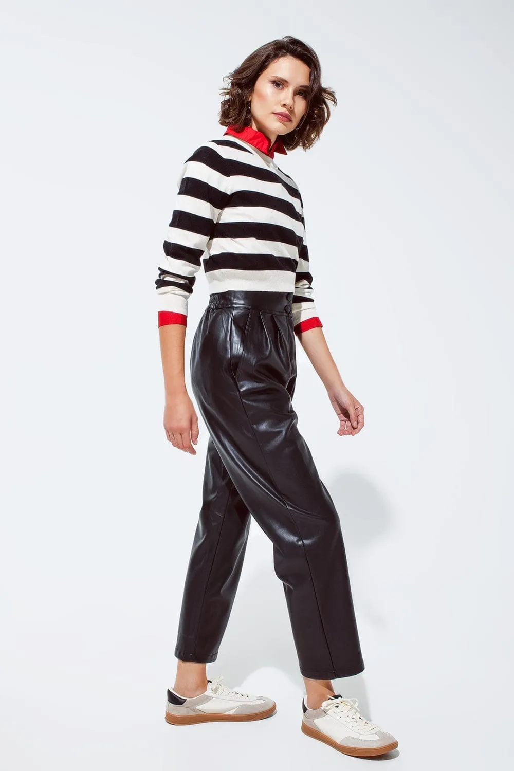 Faux Leather Pants With Pleats And Elastic Waist