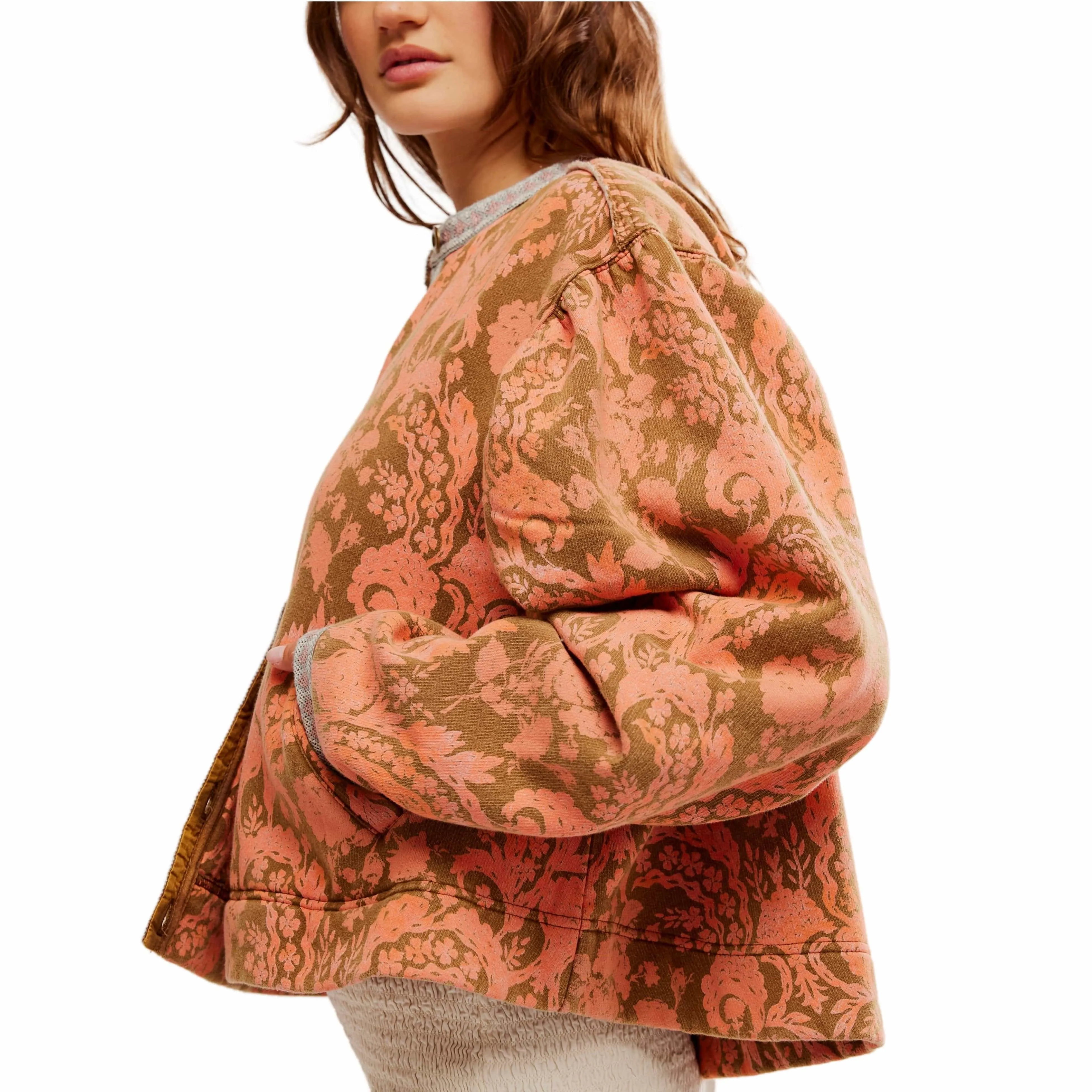 Free People Printed Drifter Sweatshirt In Orange/ Khaki Combo