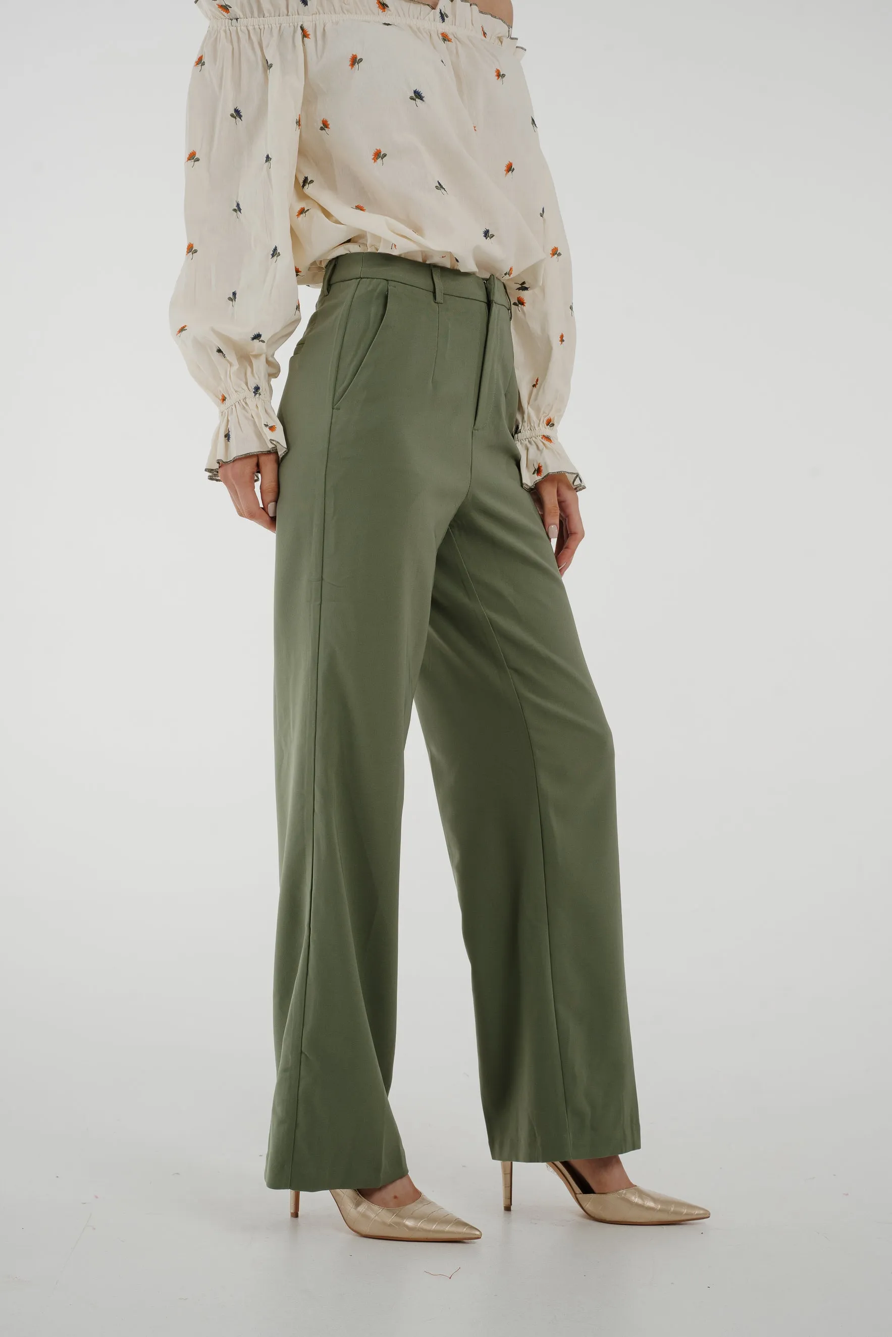 Freya Pleat Front Straight Leg Trouser In Khaki