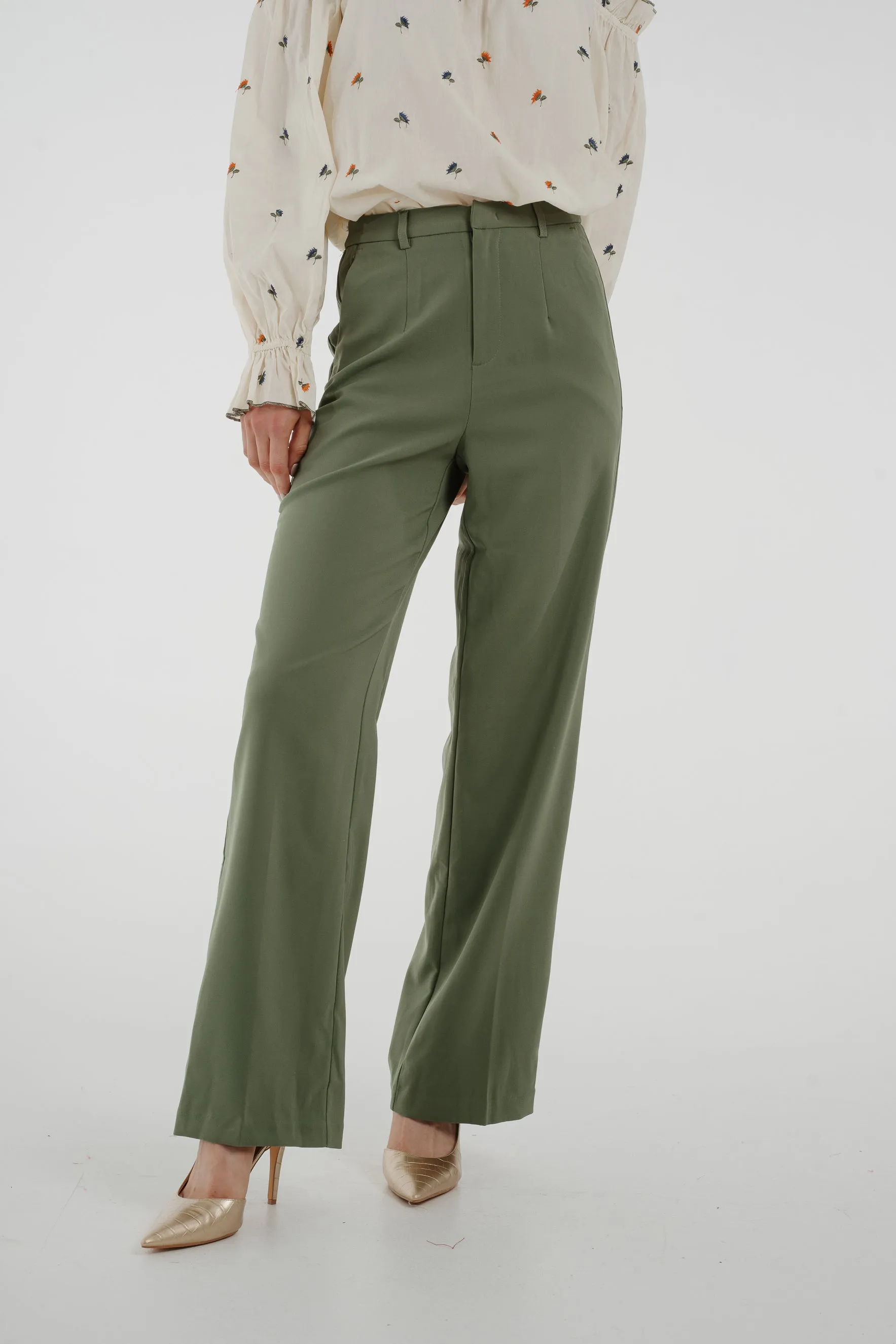 Freya Pleat Front Straight Leg Trouser In Khaki