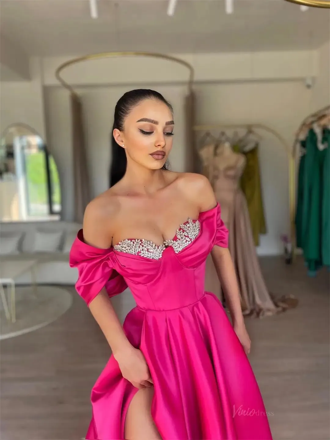Fuchsia Satin Off the Shoulder Prom Dresses 2025 with Beaded Neckline & Slit – FD5225