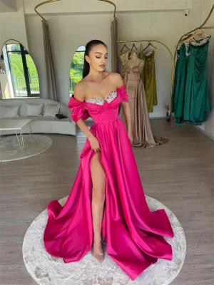 Fuchsia Satin Off the Shoulder Prom Dresses 2025 with Beaded Neckline & Slit – FD5225