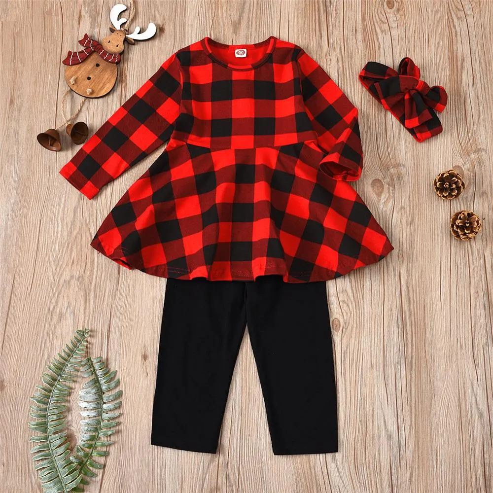 Girls Plaid Long Sleeve Crew Neck Top & Solid Pants & Headband Girl Boutique Clothing Wholesale