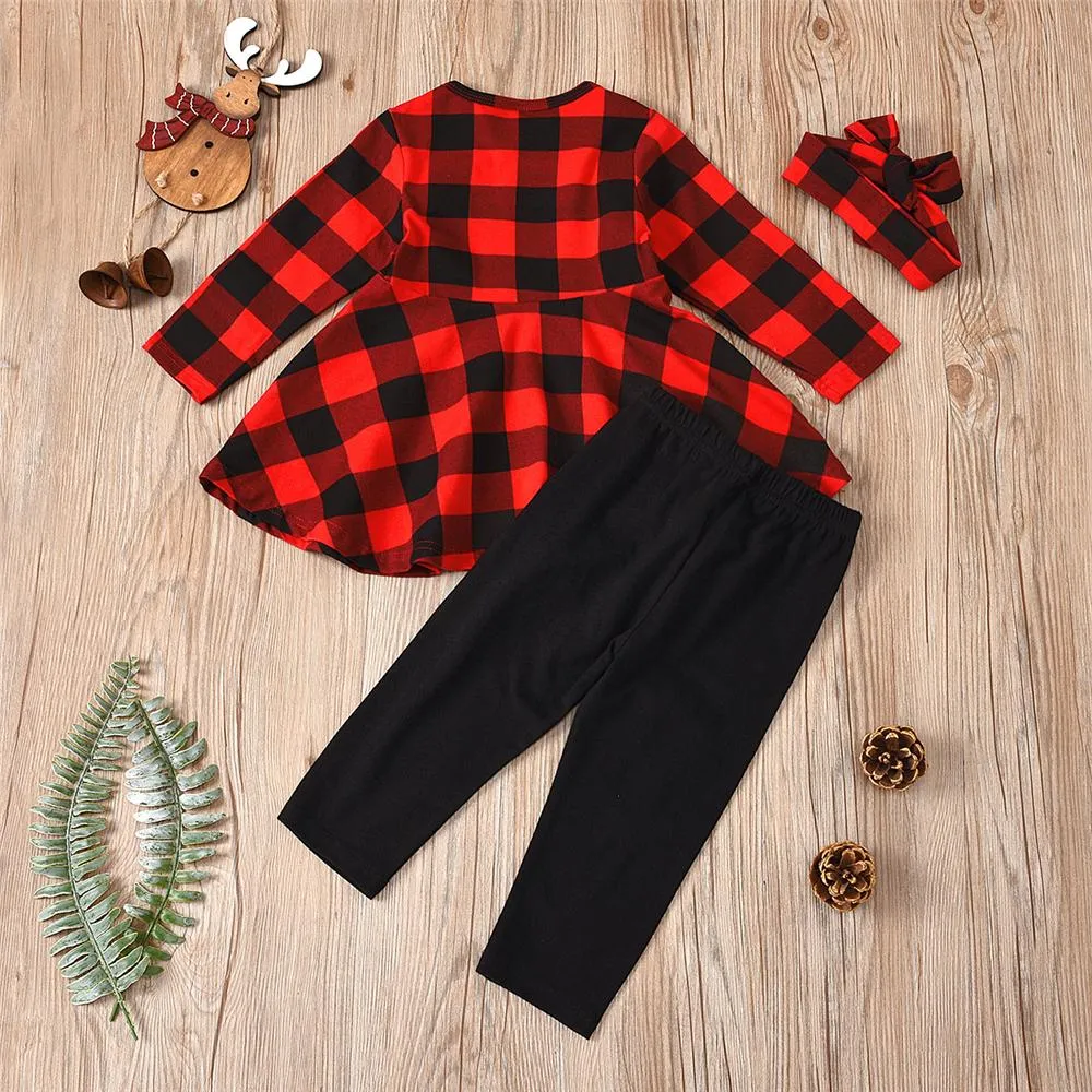Girls Plaid Long Sleeve Crew Neck Top & Solid Pants & Headband Girl Boutique Clothing Wholesale