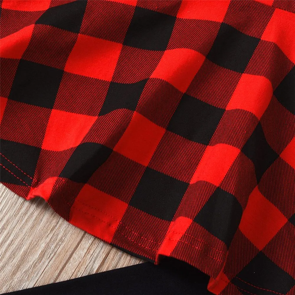 Girls Plaid Long Sleeve Crew Neck Top & Solid Pants & Headband Girl Boutique Clothing Wholesale