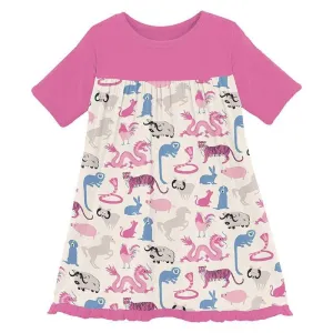 Girl's Print Bamboo Classic Short Sleeve Swing Dress - Natural Chinese Zodiac