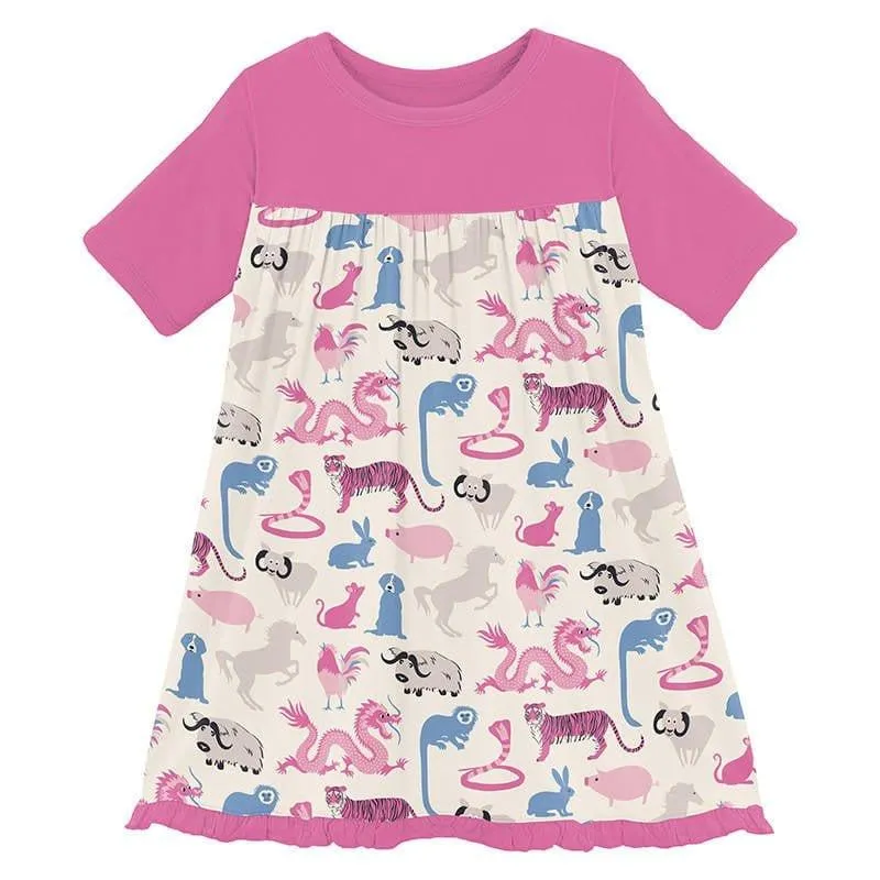 Girl's Print Bamboo Classic Short Sleeve Swing Dress - Natural Chinese Zodiac