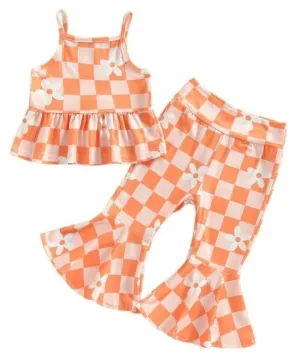 Girl's Spaghetti Strap Peplum Top and Bell Bottom Pants Outfit Set - Orange Floral Checkerboard