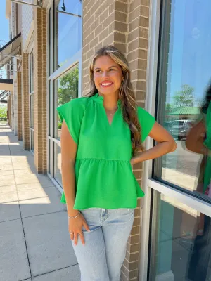 Green V-neck Tier Short Sleeve Top