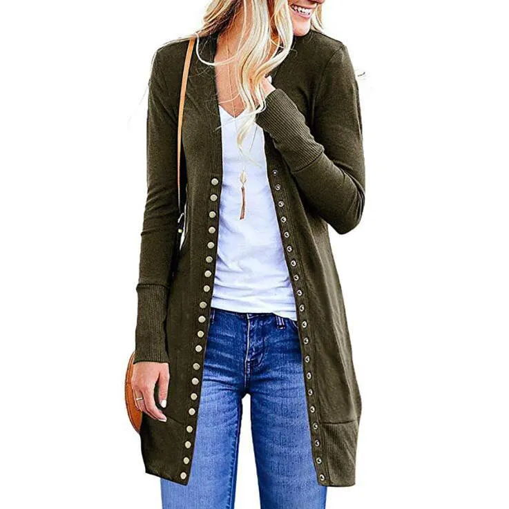 Halife Women's Long Sleeve Snap Button Down Knit Ribbed Neckline Cardigan Sweater