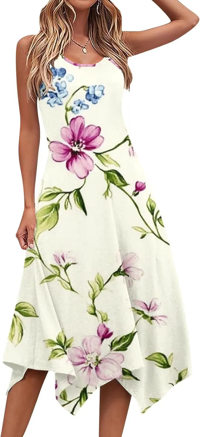 hlysgo Beach Dresses for Women 2025 Trendy Floral Print Handkerchief Hem Beach Sundress Summer A-Line Flowy Boho Mini Dress