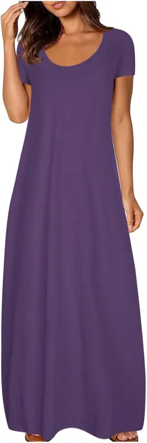 hlysgo Womens 2025 Trendy Summer Long Dresses Short Sleeve Scoop Neck Plus Size Lounge Midi Dress Solid Casual Dress