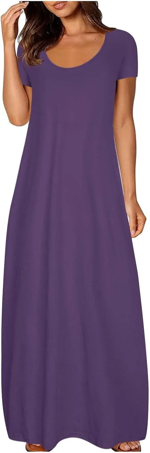hlysgo Womens 2025 Trendy Summer Long Dresses Short Sleeve Scoop Neck Plus Size Lounge Midi Dress Solid Casual Dress
