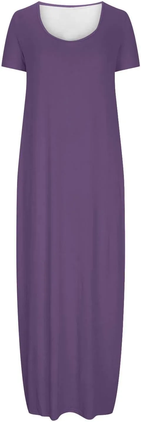 hlysgo Womens 2025 Trendy Summer Long Dresses Short Sleeve Scoop Neck Plus Size Lounge Midi Dress Solid Casual Dress