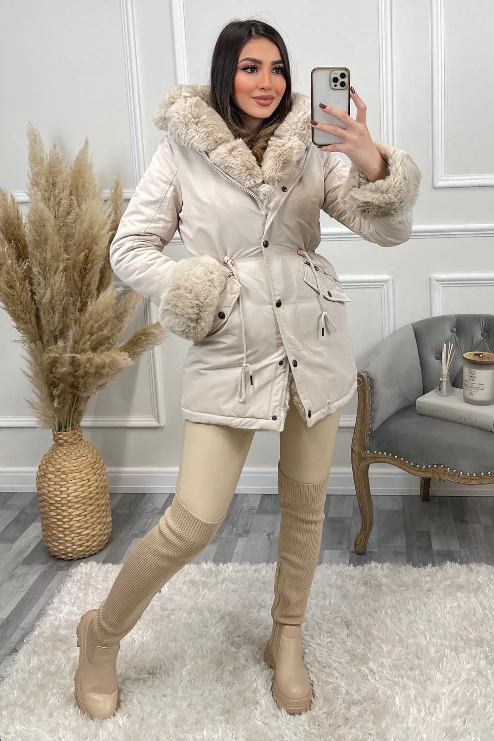 Irene Beige Button Down Longline Faux Fur Trim Coat