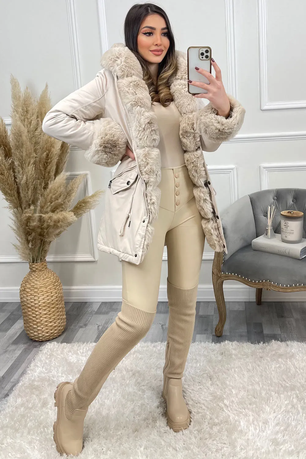 Irene Beige Button Down Longline Faux Fur Trim Coat